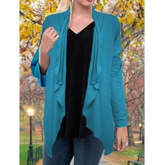 NWT Open Front Cascading Shawl Collar Cardigan Medium Teal - Picture 1 of 6